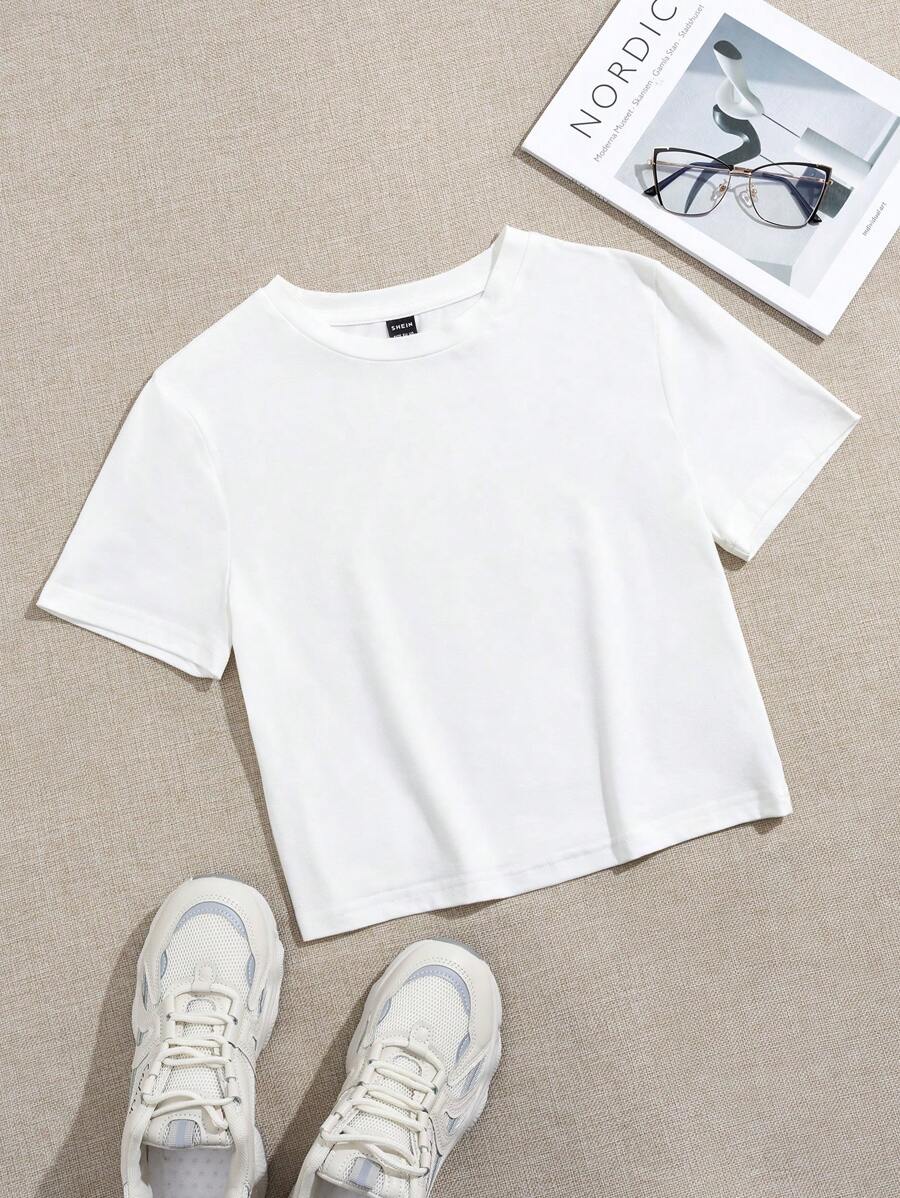 SHEIN EZwear Solid Color Casual Round Neck Short Sleeve Fitted Women T-Shirt, Suitable For Summer