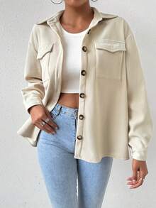 SHEIN Essnce Drop Shoulder Flip Pocket Double-Sided Fleece Jacket - Apricot - View 5