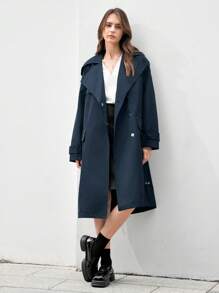 Anewsta Ladies Lapel Snap-Button Trench Coat - Navy Blue - View 1
