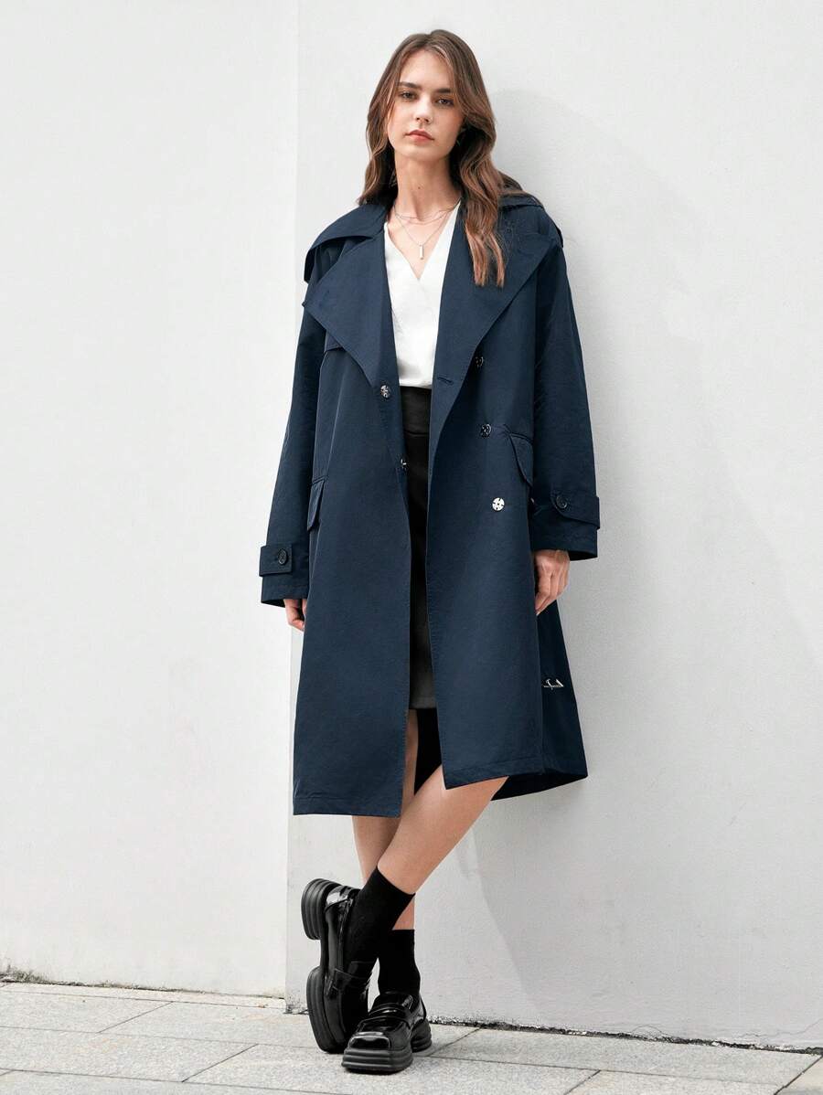 Anewsta Ladies Lapel Snap-Button Trench Coat - Navy Blue - View 1