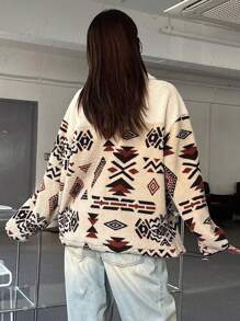 DAZY 女士半拉链几何图案泰迪绒连帽衫，长袖上衣，秋季女装，保暖内衬卫衣