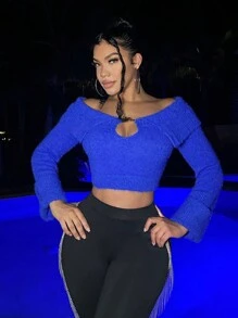 SHEIN SXY Jersey Recortado Plush Con Cuello Descubierto Y De Color Sólido - azul real - Ver 6