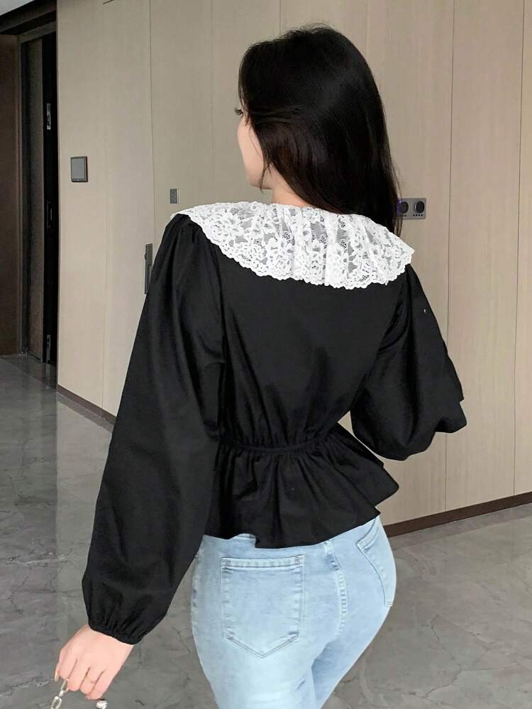 Lace Neckline Long Sleeve Women's Shirt,Ruffle,Fall Clothes