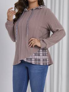 SHEIN LUNE Plus Size Women's Patchwork Plaid Sweatshirt - Dusty Pink - View 5