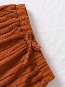 幼兒女孩純色條紋針織露背上衣和短褲套裝 - 咖啡棕 - 查看 4