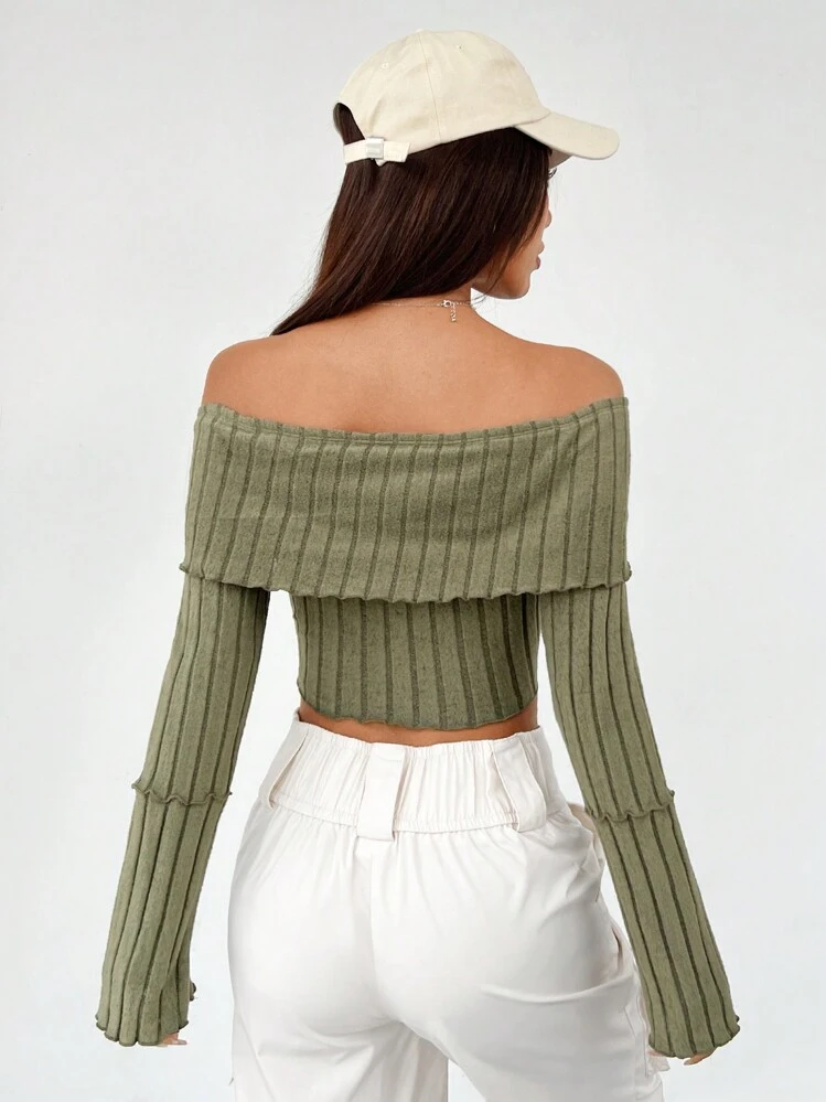 SHEIN EZwear Camiseta De Mujer Con Hombros Descubiertos De Punto Verde De Moda - Verde militar - Ver 2
