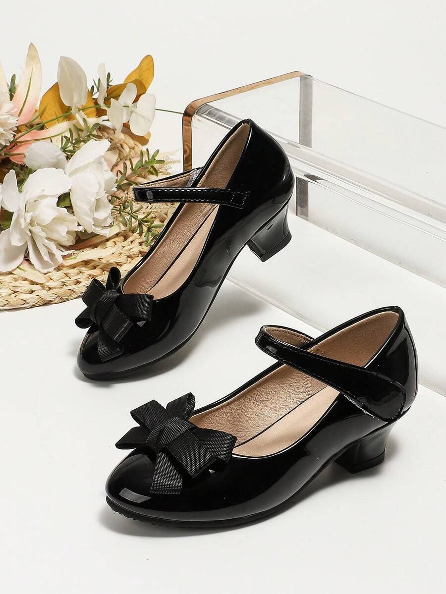 Spring/Summer New Girls Shiny Dress Shoes High Heels, Little Girls Black Bow Tie Shoes, Big Kids Princess Performance Shoes - Black - View 1