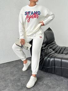 RueChic Bộ 2 chiếc/Bộ áo thun dài tay in chữ cỡ lớn cho nữ kèm quần ống đứng ống đứng cạp rút dây - trắng - Xem 2