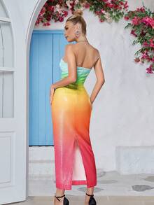 Women Sparkly Ombre Strapless Fitted Dress - Multicolor - View 2
