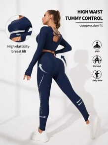 VARSITIE 運動瑜珈基本款上衣+緊身褲套裝,帶胸墊和印花圖案 - 藏蓝色 - 查看 1