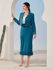 Seusyu 女士套裝,立領設計,前扣長袖襯衫搭配裙子 - 水鴨藍 - 查看 3