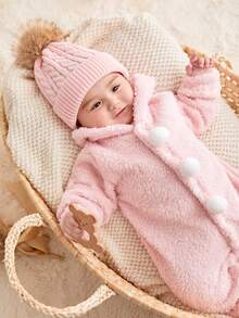 粉色毛球裝飾嬰兒女童連帽連體衣