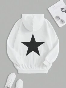 SHEIN EZwear 字母星星印花抽繩連帽衛衣 - 白色 - 查看 1