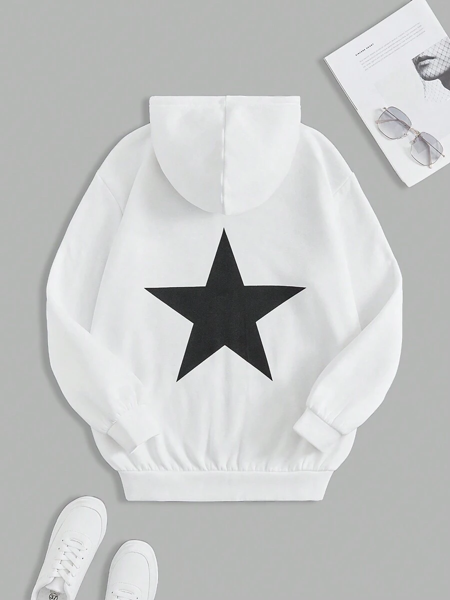 SHEIN EZwear 字母星星印花抽繩連帽衛衣 - 白色 - 查看 1