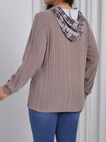 SHEIN LUNE Plus Size Women's Patchwork Plaid Sweatshirt - Dusty Pink - View 2