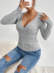 SHEIN Essnce Camiseta Cruzada De Canalé Fruncida Para Mujer - Gris - Ver 6