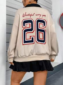 Flirla Của phụ nữ Kích thước lớn Cổ Polo Tiếng Anh In thư Thả vai Áo nỉ - Màu be - Xem 4