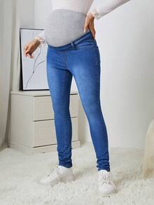 SHEIN 孕婦藍高彈緊身牛仔褲搭配灰色高彈腰帶,時尚休閒 - 淺色水洗藍 - 查看 3