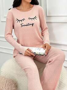 RueChic Letter And Eyelash Print Ribbed Knit Pajama Set - Pink - View 3