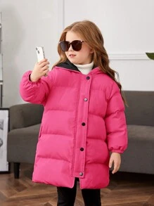 SHEIN Áo khoác dài vừa vặn có mũ trùm đầu màu trơn cho bé gái - Màu Hồng Tươi - Xem 6