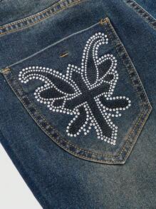 ROMWE Grunge Punk Women's Rhinestone Decor Flared Jeans - Blue - View 2