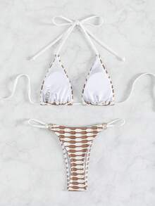 SHEIN Swim Bộ bikini xẻ tà cổ dành cho nữ bằng vải đặc biệt đi biển mùa hè - Nhiều màu - Xem 7