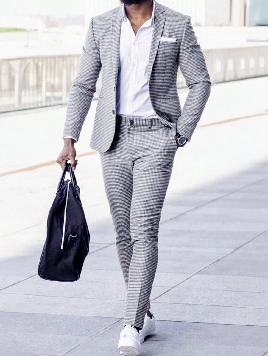 Manfinity Mode Men's Plaid Suit Set - Navy Blue - View 1