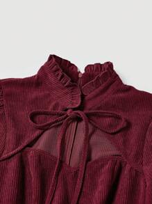 SHEIN MOD 灯笼袖灯芯绒连衣裙，领口打结 - 酒紅色 - 查看 4