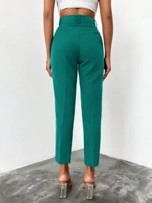 EURMUSE Solid Slant Pocket Belted Cropped Suit Pants