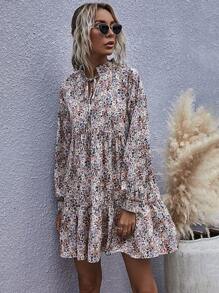 SHEIN LUNE Shirred Tie Neck Ruffle Hem Ditsy Floral Dress - Multicolor - View 3