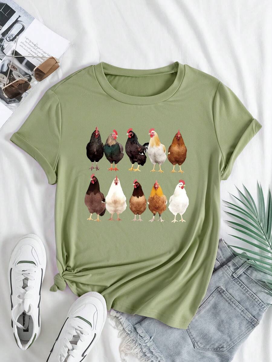 SHEIN LUNE Chicken Print T-shirt - Army Green - View 1