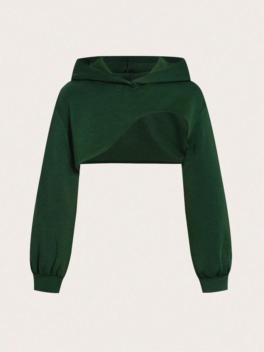 SHEIN EZwear 純色不對稱擺短版帽t恤 - 綠色 - 查看 1