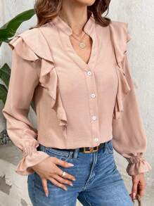 SHEIN LUNE Blusa De Cuello Entallado Con Borde De Volante Para Mujeres - Rosa vieja - Ver 6
