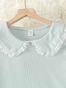 女童条纹纹理面料彼得潘领蕾丝拼接公主家居服套装 - 綠色 - 查看 4