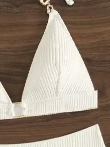 SHEIN Swim Summer Beach Ladies' Solid Color Textured Halter Neck Two Pieces Bikini Set Wedding - Beige - View 5