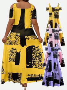 Women Plus Graphic Print Cold Shoulder Maxi Dress, Summer Outfit