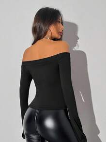 SHEIN Unity Của phụ nữ Off-shoulder Ruffled Ngắn tay Top Cây trồng - màu đen - Xem 2