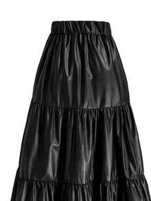 Women's Pu Leather Ruffled Hem Skirt - Black - View 4