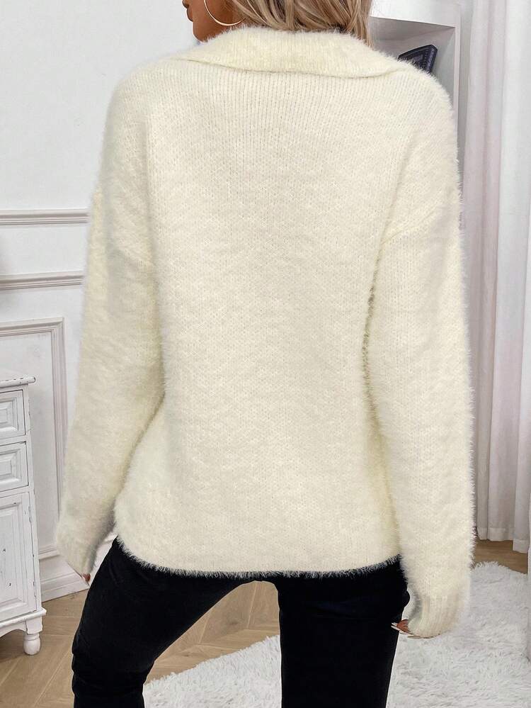 Women's Turn-Down Collar Drop Shoulder Sweater Winter Casual
