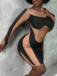 Slaydiva Color Block Bodycon Dress - Black - View 3