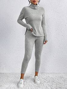 SHEIN Essnce 2pcs/set Solid Ribbed Turtleneck T-shirt And Leggings - Light Grey - View 5