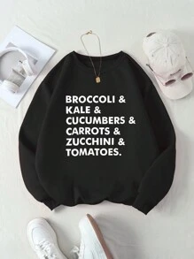 SHEIN EZwear 圓領文字印花休閒衛衣 - 黑色 - 查看 1