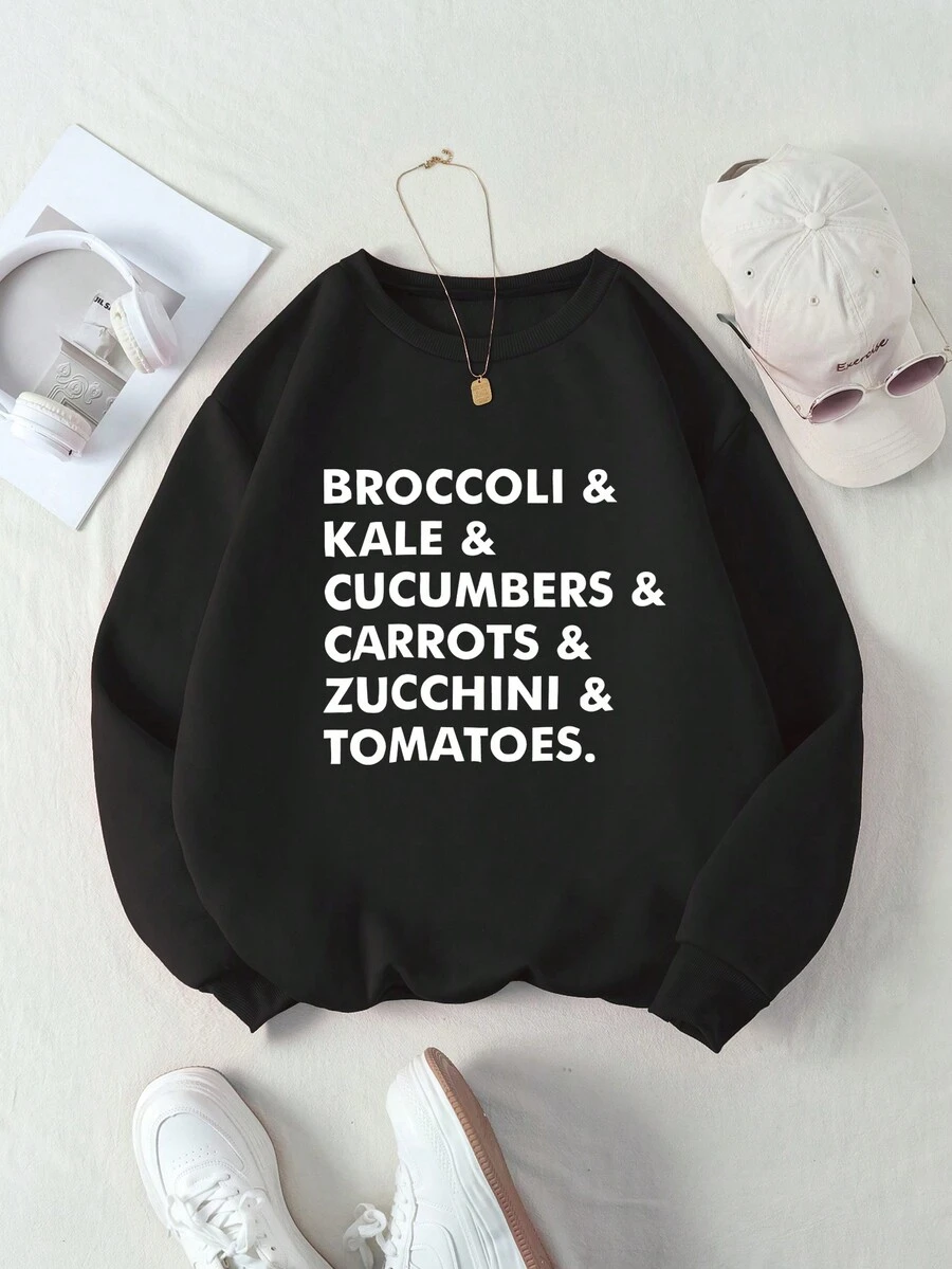 SHEIN EZwear 圓領文字印花休閒衛衣 - 黑色 - 查看 1