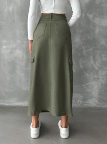 EURMUSE Women's Cargo Style Denim Pocket Skirt - Khaki - View 2