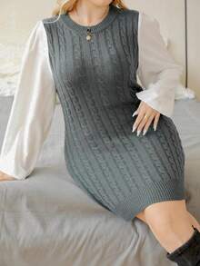 Celure 女裝加大尺碼針織對比毛衣連衣裙 - 深灰色 - 查看 4