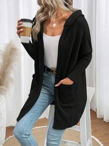 SHEIN LUNE 雙口袋連帽長外套 - 黑色 - 查看 5