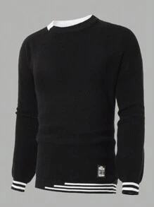RueChic Men Patched Detail Striped Pattern Sweater - Black - View 1