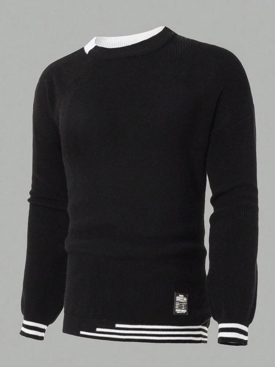 RueChic Men Patched Detail Striped Pattern Sweater - Black - View 1