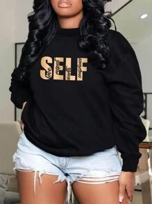 SHEIN LUNE 女款大尺碼字母印花抓絨運動衫 - 黑色 - 查看 1