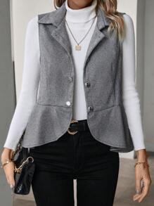 SHEIN LUNE Women's Vest Jacket With Herringbone Pattern And Ruffle Trim - Grey - View 1